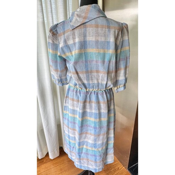 Vintage 80s dress, blue, purple, yellow, white, pastel plaid; asymmetric collar - Picture 7 of 10